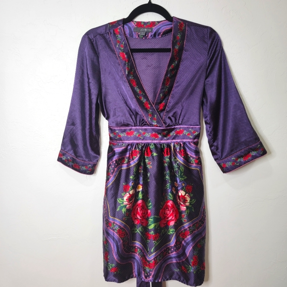 Beautiful Silky Purple and Red Mini Dress -- Floral & Swiss Dot
